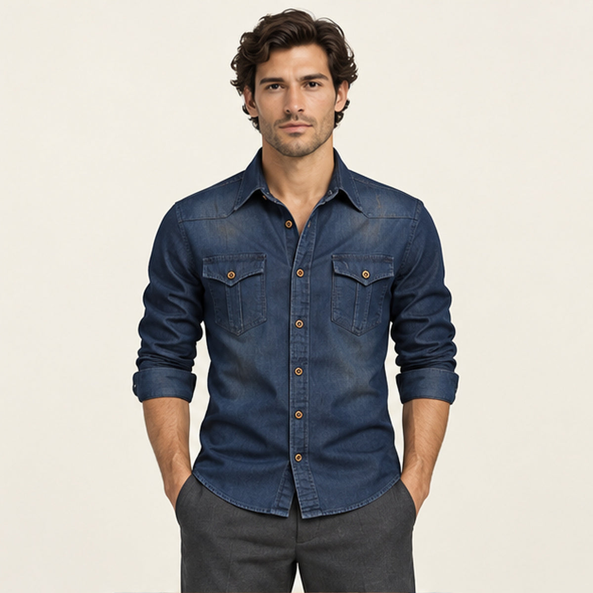 Surchemise en denim Bleu Foncé portée — IVAREE