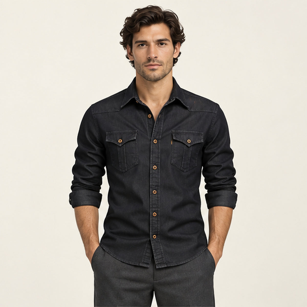 Surchemise en denim Noir portée — IVAREE