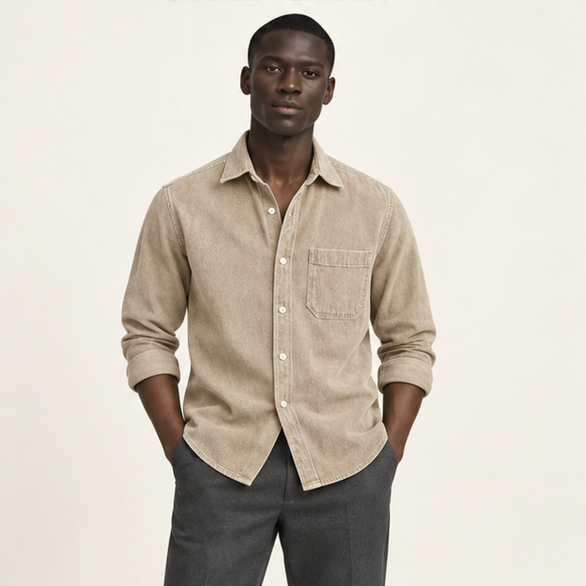 Chemise en velours côtelé Beige portée — IVAREE