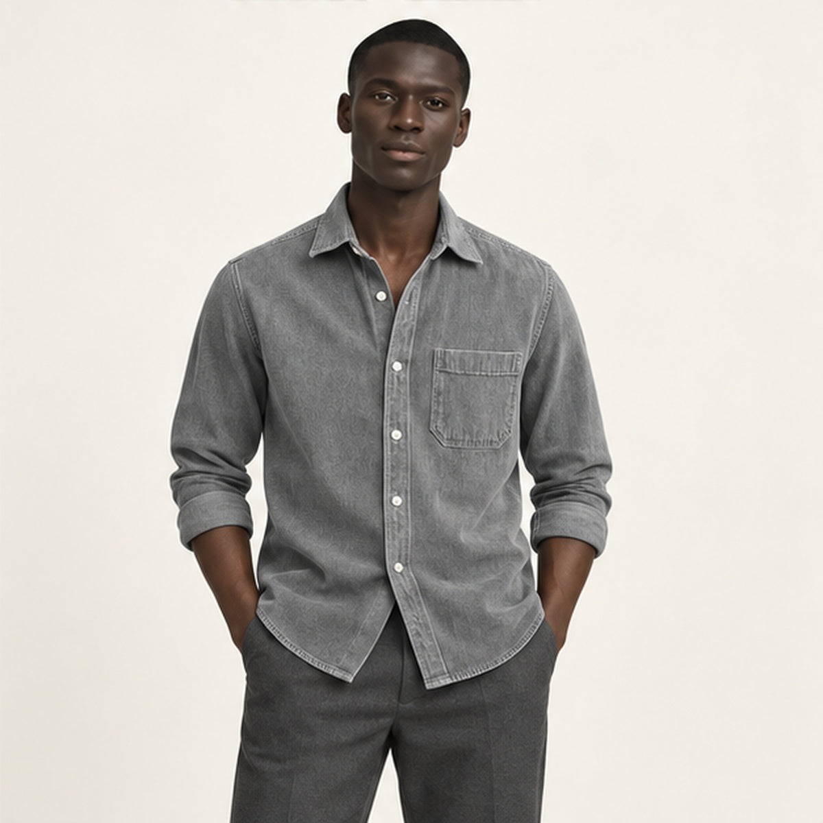 Chemise en velours côtelé Gris portée — IVAREE