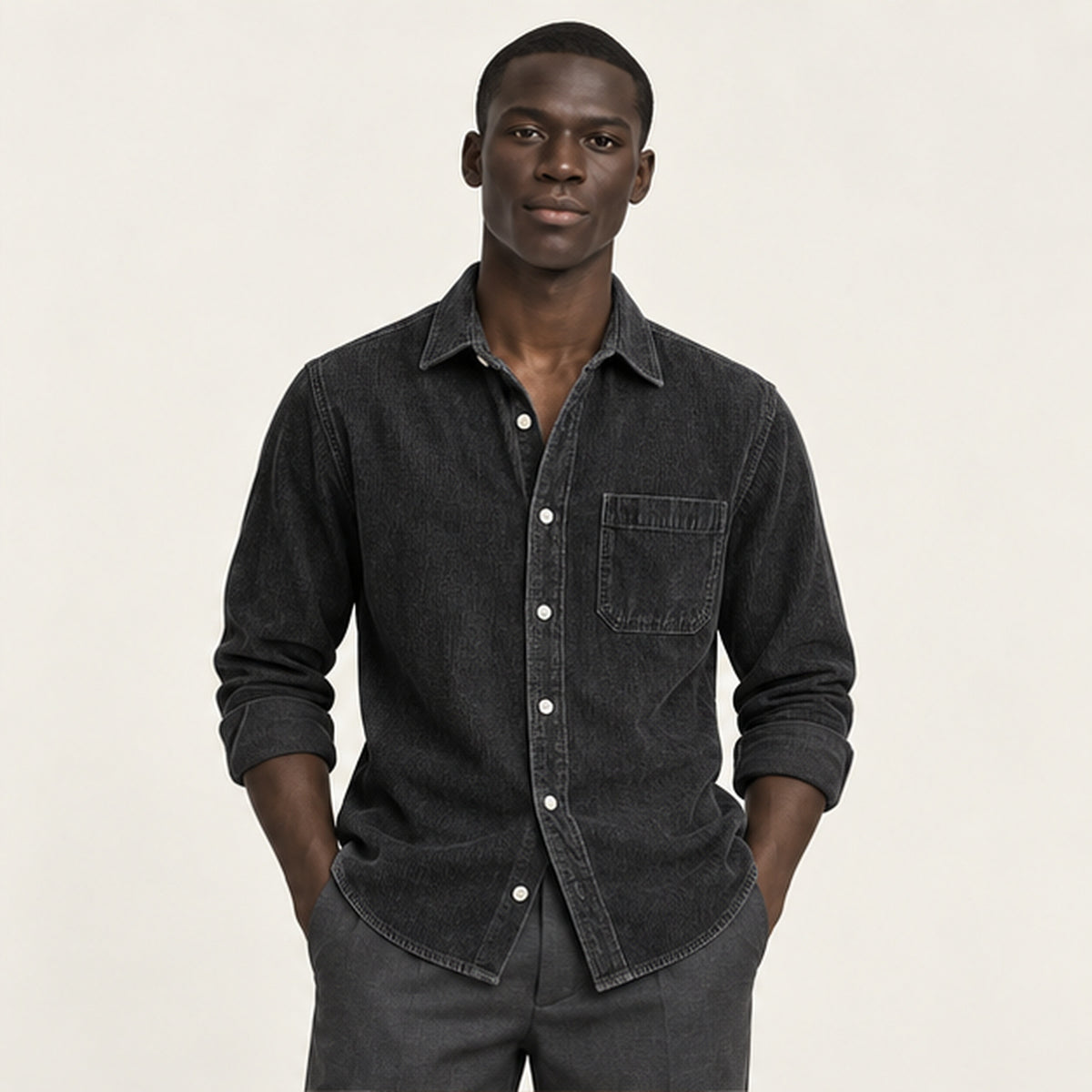 Chemise en velours côtelé Noir portée — IVAREE