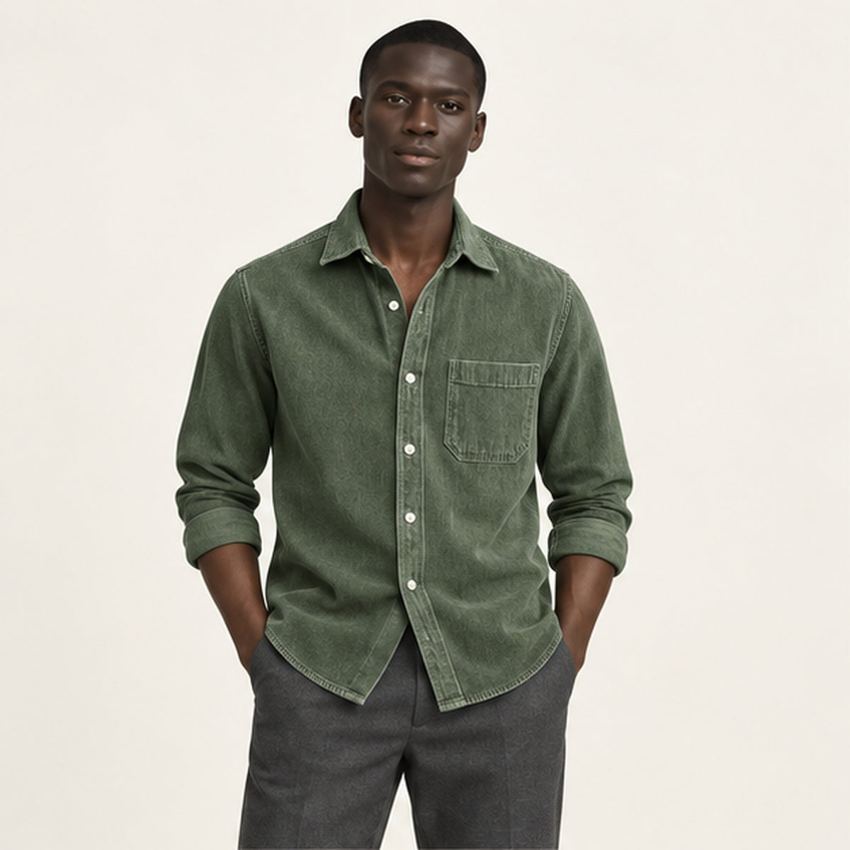Chemise en velours côtelé Vert foncé portée — IVAREE