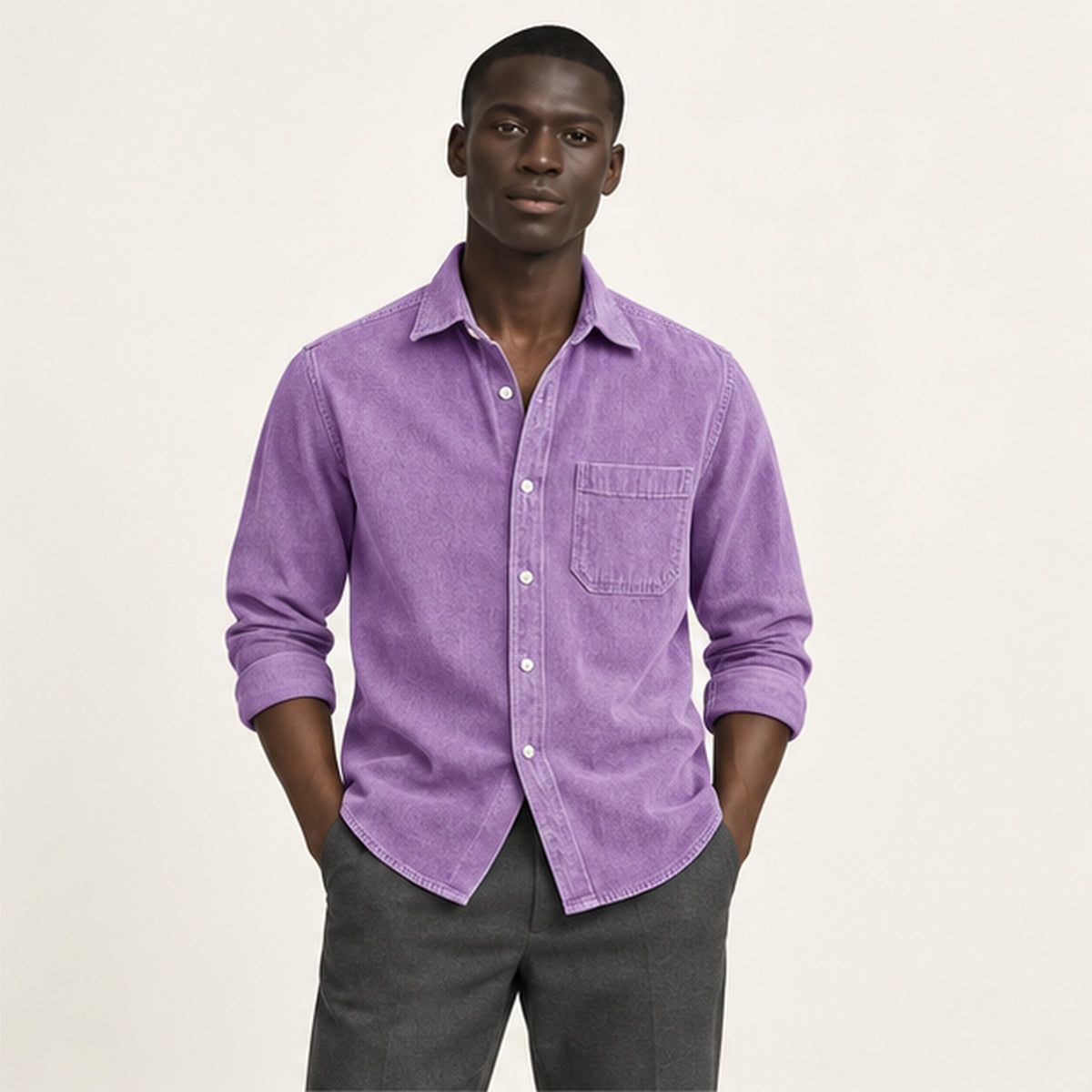Chemise en velours côtelé Violet portée — IVAREE