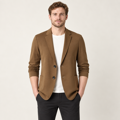 Blazer en maille col cranté café porté par un mannequin IVAREE, vue de face