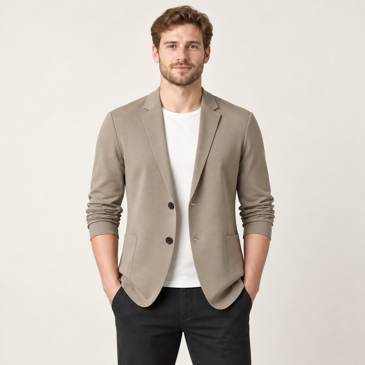 Blazer en maille col cranté kaki porté par un mannequin IVAREE, vue de face