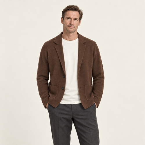Blazer en maille à revers marron porté par un mannequin IVAREE, vue de face