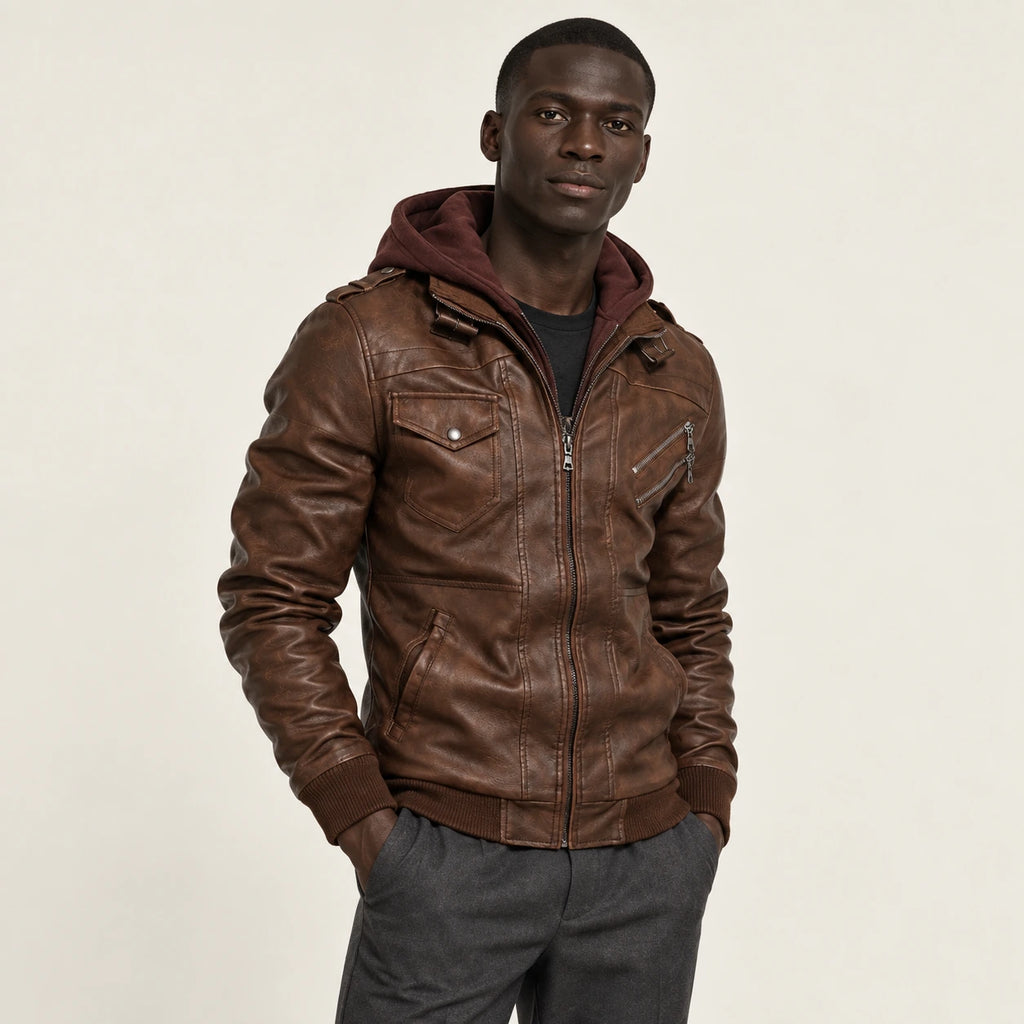 Veste en cuir marron, vue trois-quarts dans le studio IVAREE
