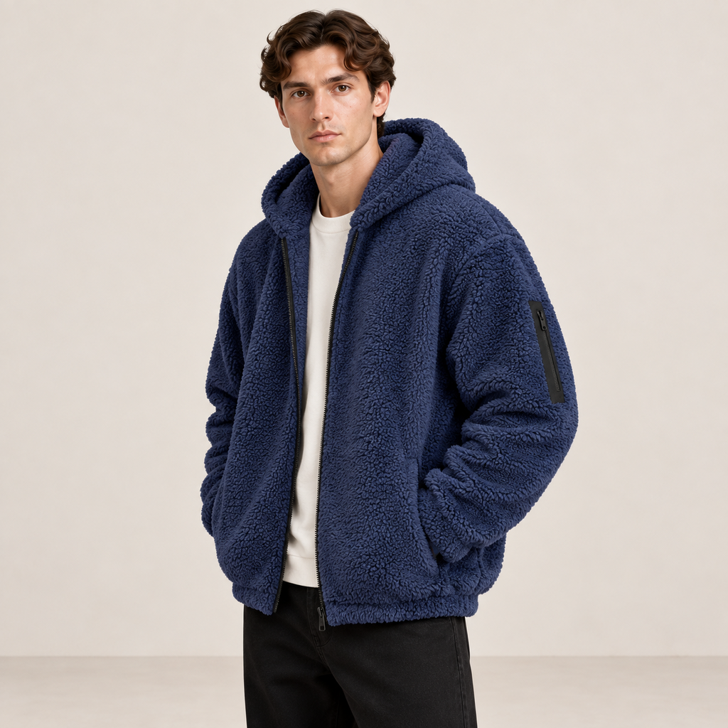 Détail de la capuche, du zip et de la texture du bomber bleu marine effet fourrure.