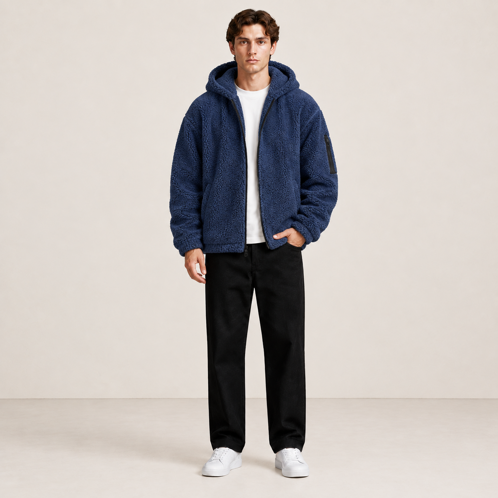 Bomber à capuche bleu marine effet fourrure, porté de face dans une pose naturelle au studio IVAREE.