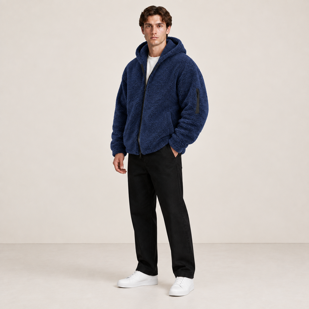 Bomber à capuche bleu marine effet fourrure, porté de trois-quarts dans le studio IVAREE.