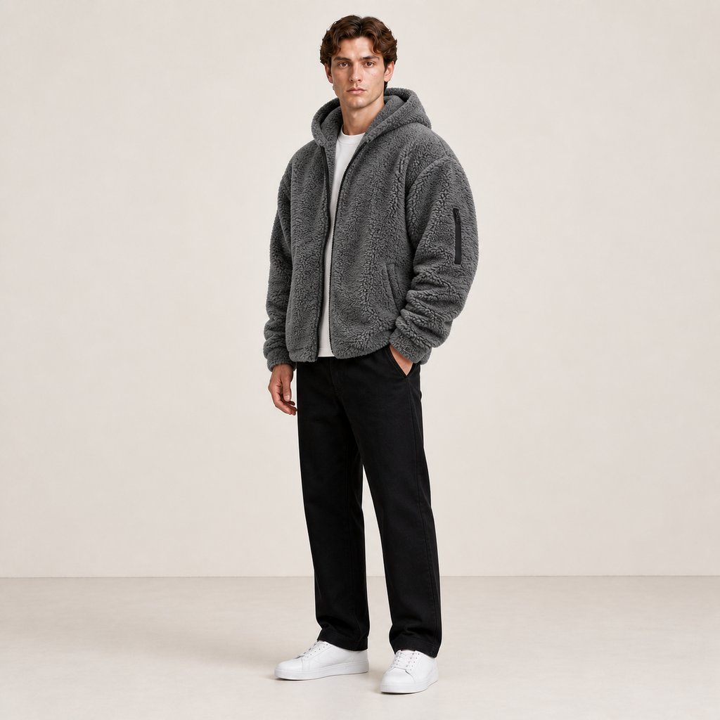 Bomber à capuche gris effet fourrure, porté de trois-quarts dans le studio IVAREE.