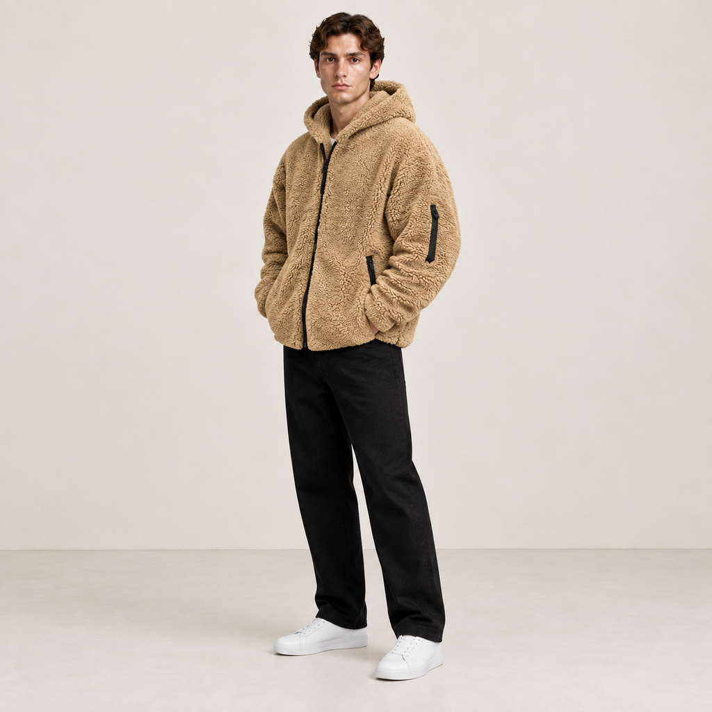Bomber à capuche kaki effet fourrure, porté de trois-quarts dans le studio IVAREE.