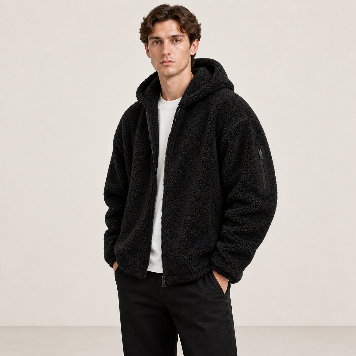 Détail de la capuche, du zip et de la texture du bomber noir effet fourrure.