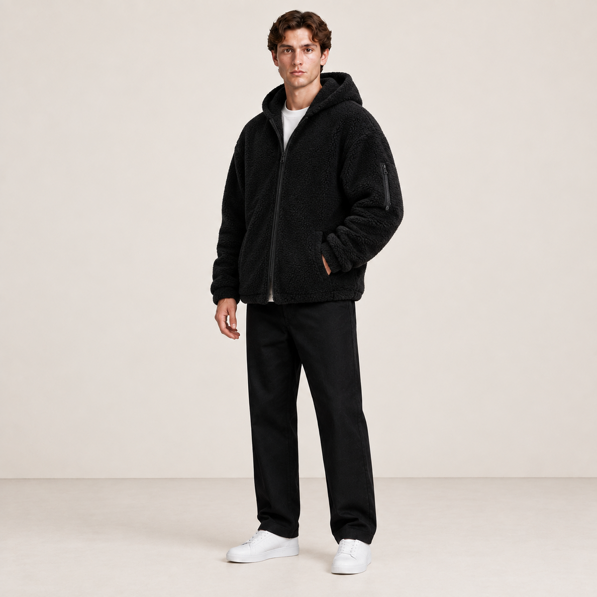 Bomber à capuche noir effet fourrure, porté de trois-quarts dans le studio IVAREE.