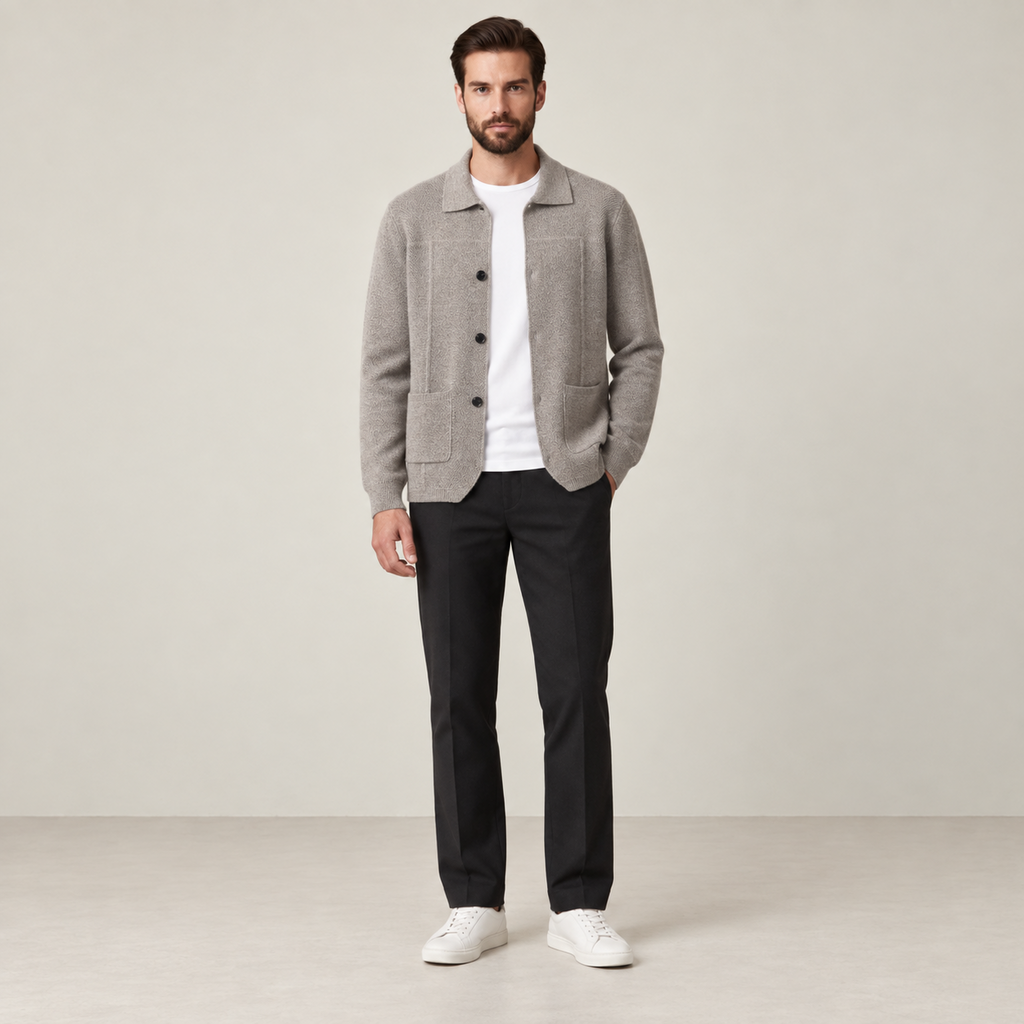 Vue de face du cardigan en cachemire beige IVAREE