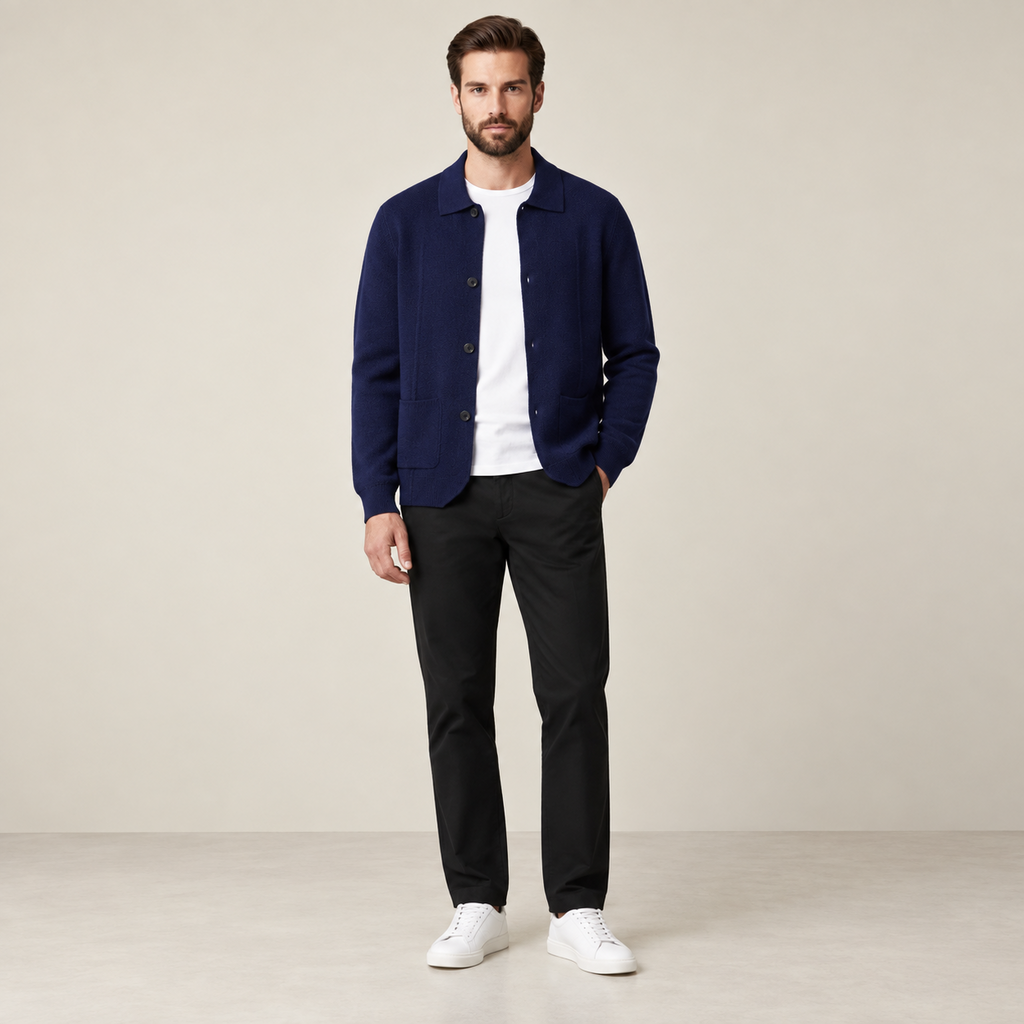 Vue portée du cardigan en cachemire bleu marine IVAREE