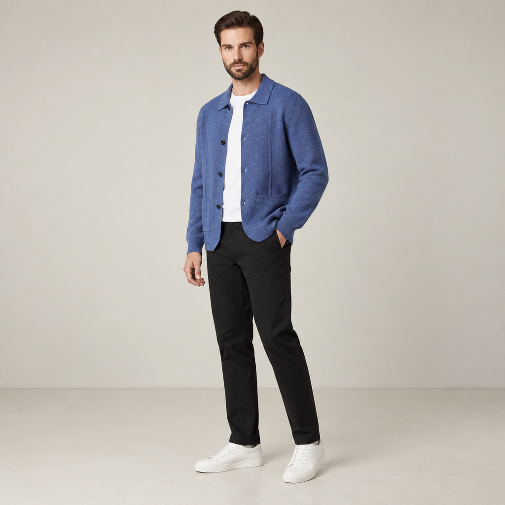Vue trois-quarts du cardigan en cachemire bleu roi IVAREE