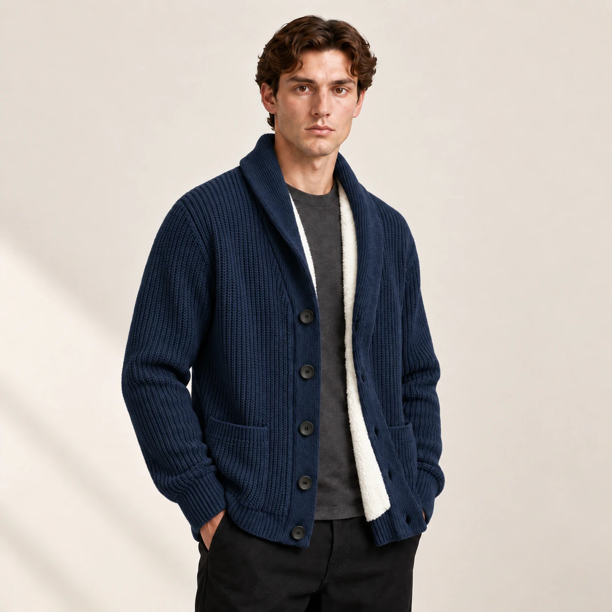 Cardigan doublé polaire bleu marine à col châle, vu de trois-quarts avant dans le studio IVAREE.