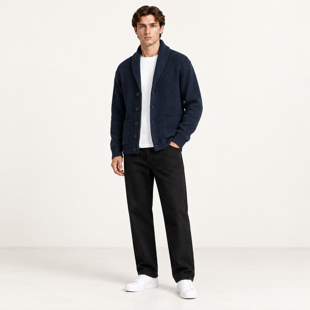 Cardigan doublé polaire bleu marine à col châle, porté de trois-quarts dans le studio IVAREE.