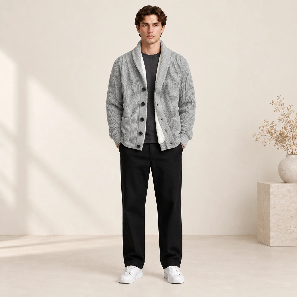 Cardigan doublé polaire gris clair à col châle, porté de face dans le studio IVAREE.