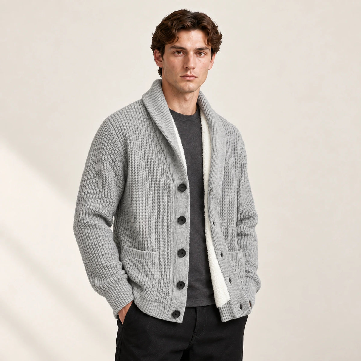 Cardigan doublé polaire gris clair à col châle, vu de trois-quarts avant dans le studio IVAREE.