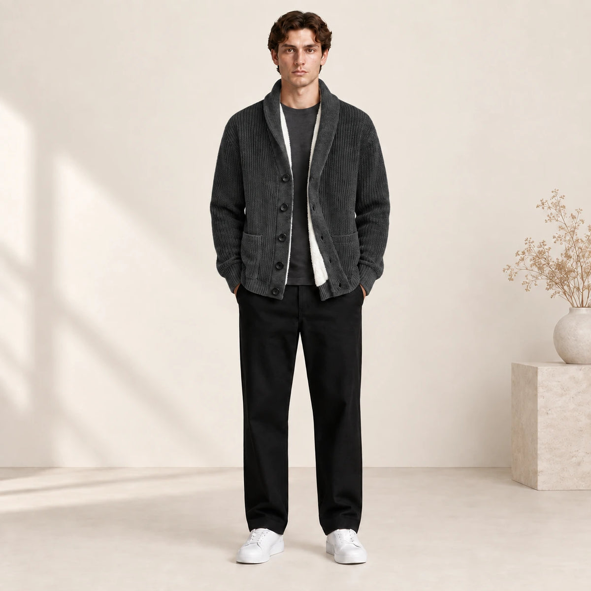 Cardigan doublé polaire gris foncé à col châle, porté de face dans le studio IVAREE.