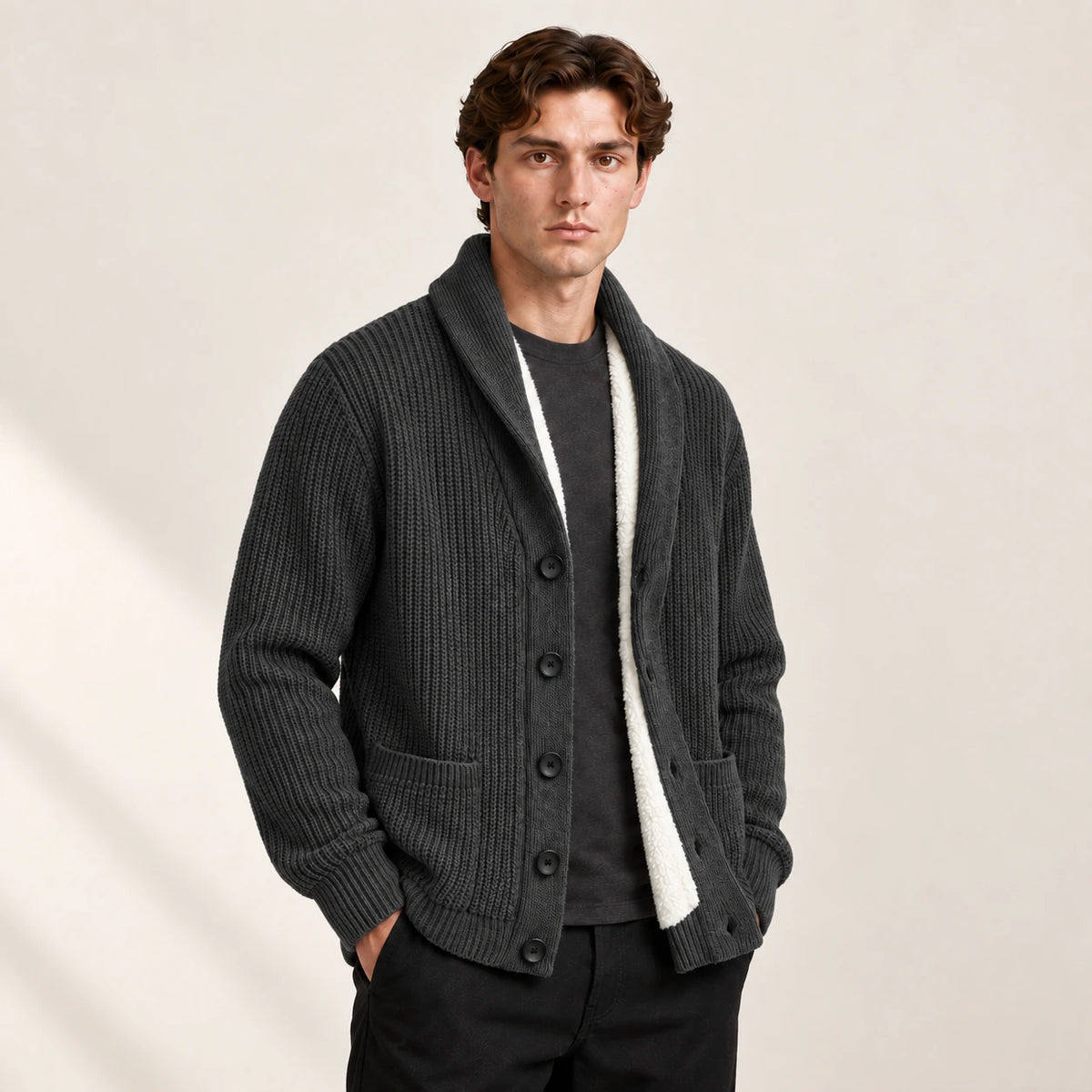Cardigan doublé polaire gris foncé à col châle, vu de trois-quarts avant dans le studio IVAREE.