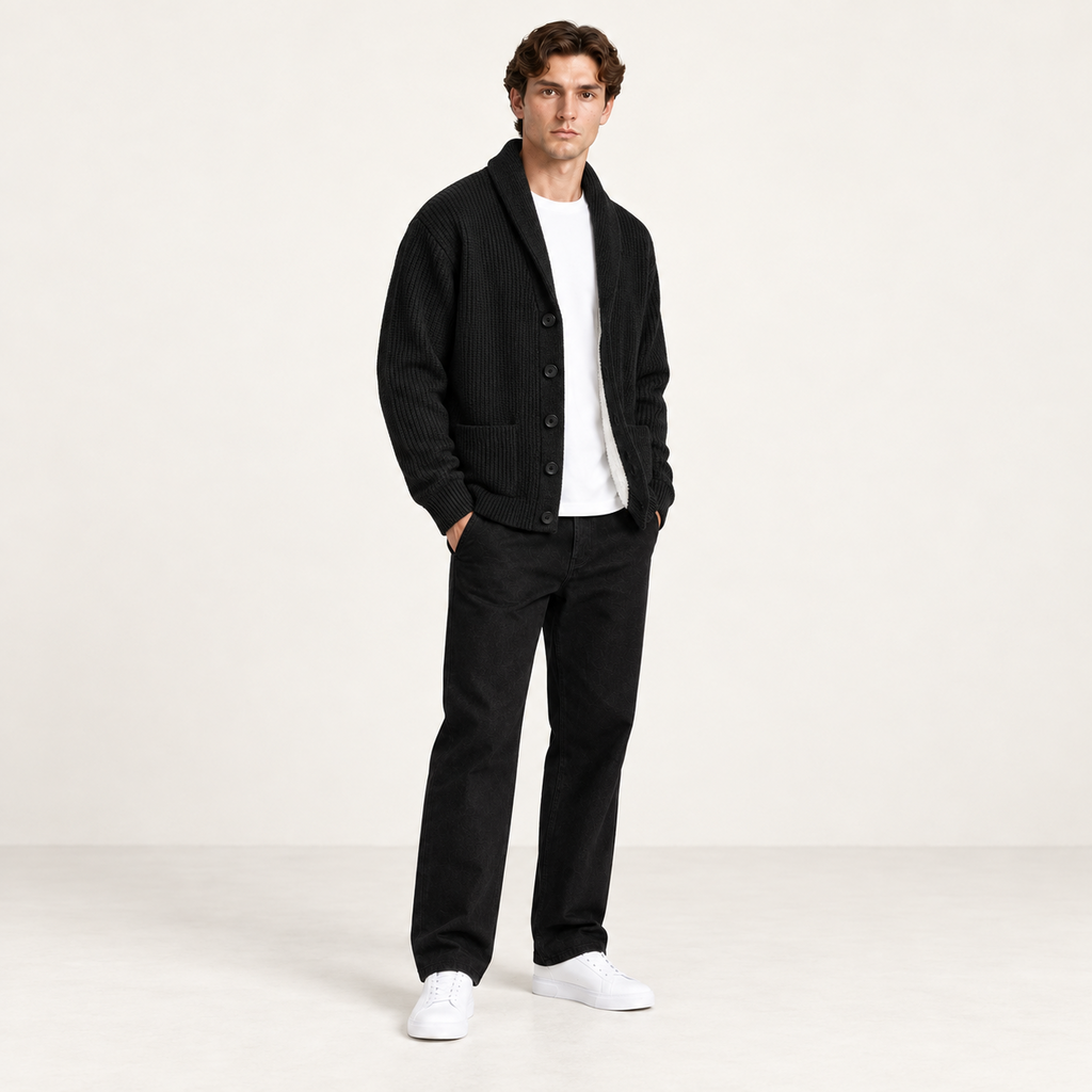 Cardigan doublé polaire noir à col châle, porté de trois-quarts dans le studio IVAREE.