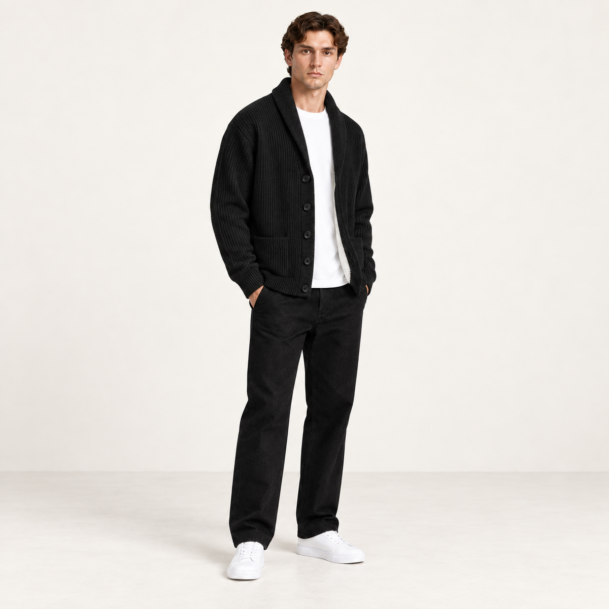 Cardigan doublé polaire noir à col châle, porté de trois-quarts dans le studio IVAREE.