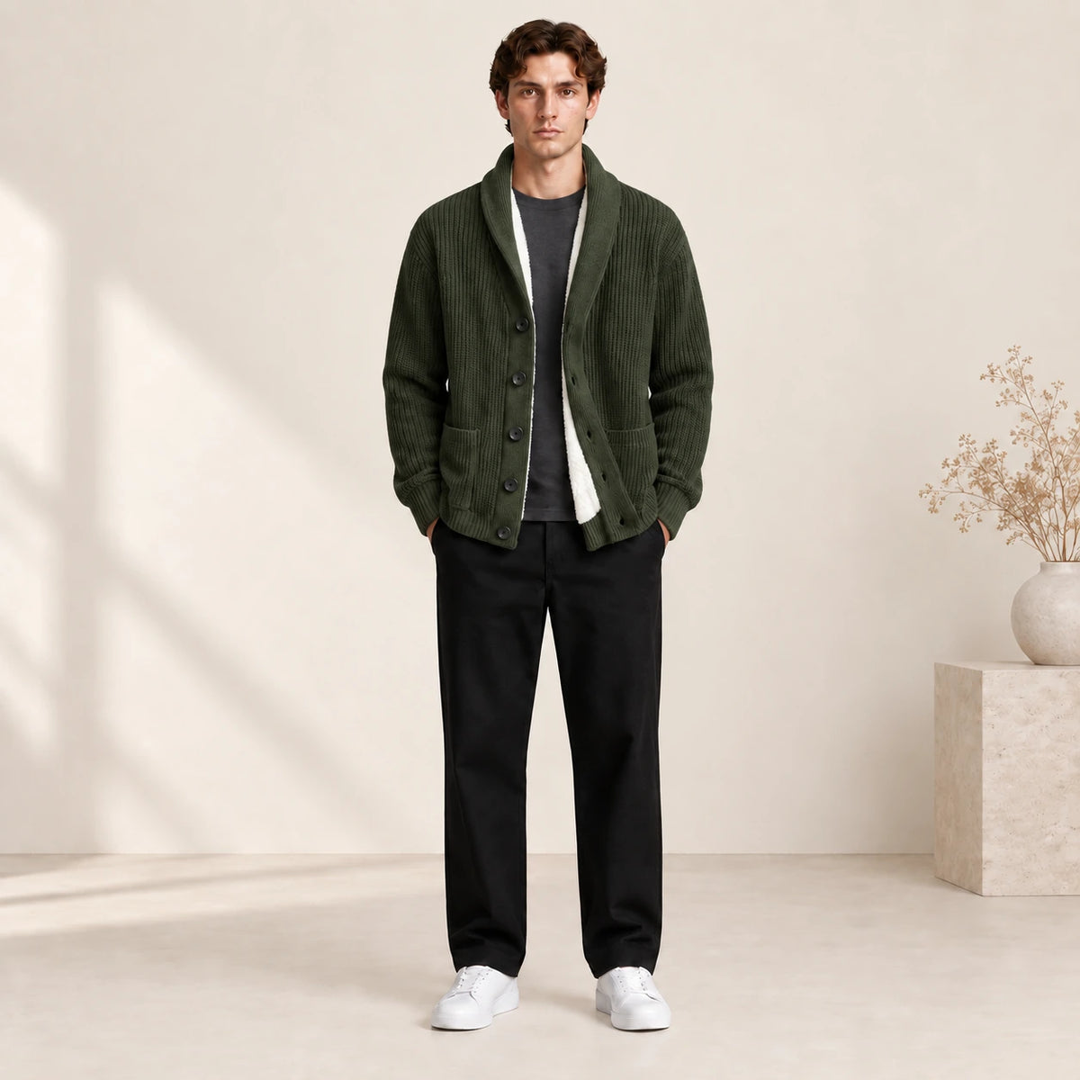 Cardigan doublé polaire vert foncé à col châle, porté de face dans le studio IVAREE.