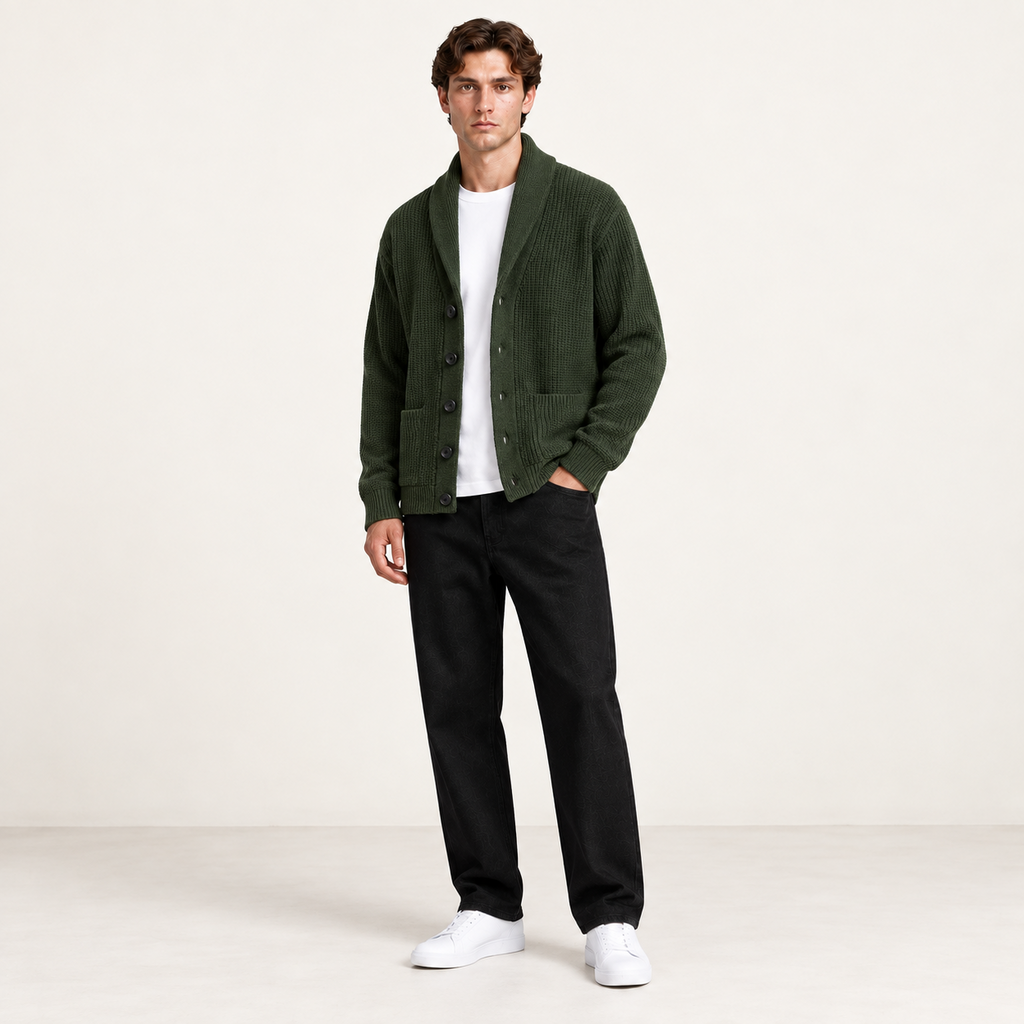 Cardigan doublé polaire vert foncé à col châle, porté de trois-quarts dans le studio IVAREE.