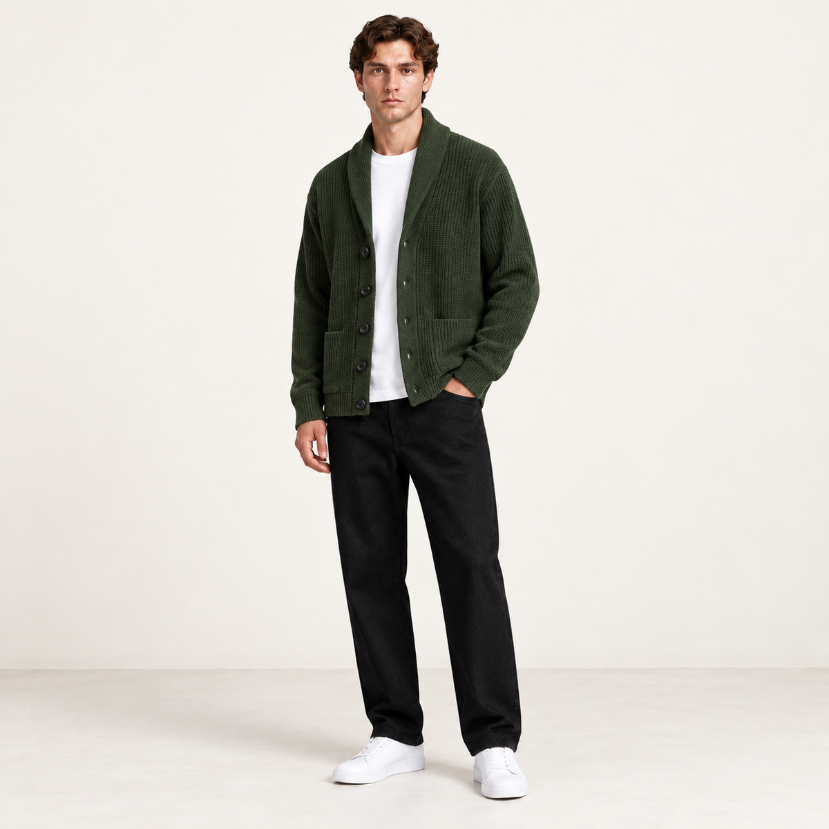 Cardigan doublé polaire vert foncé à col châle, porté de trois-quarts dans le studio IVAREE.