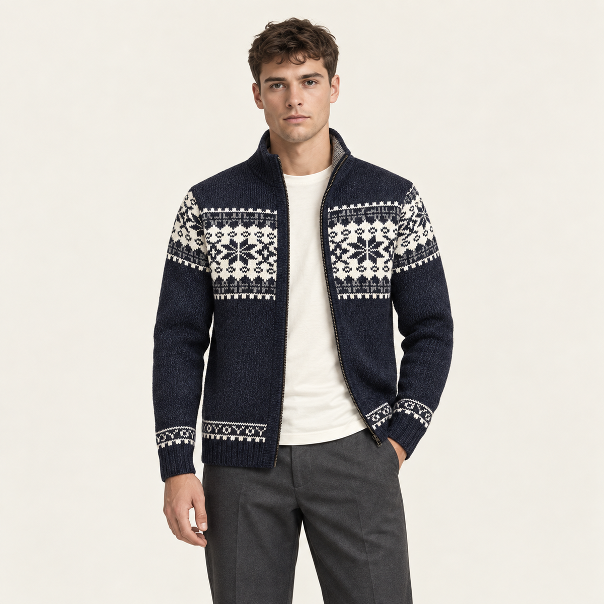 Cardigan zippé à motif jacquard bleu porté par un mannequin IVAREE, vue de face