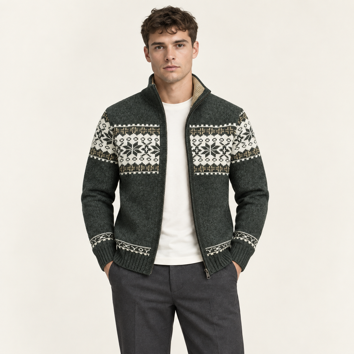 Cardigan zippé à motif jacquard vert porté par un mannequin IVAREE, vue de face