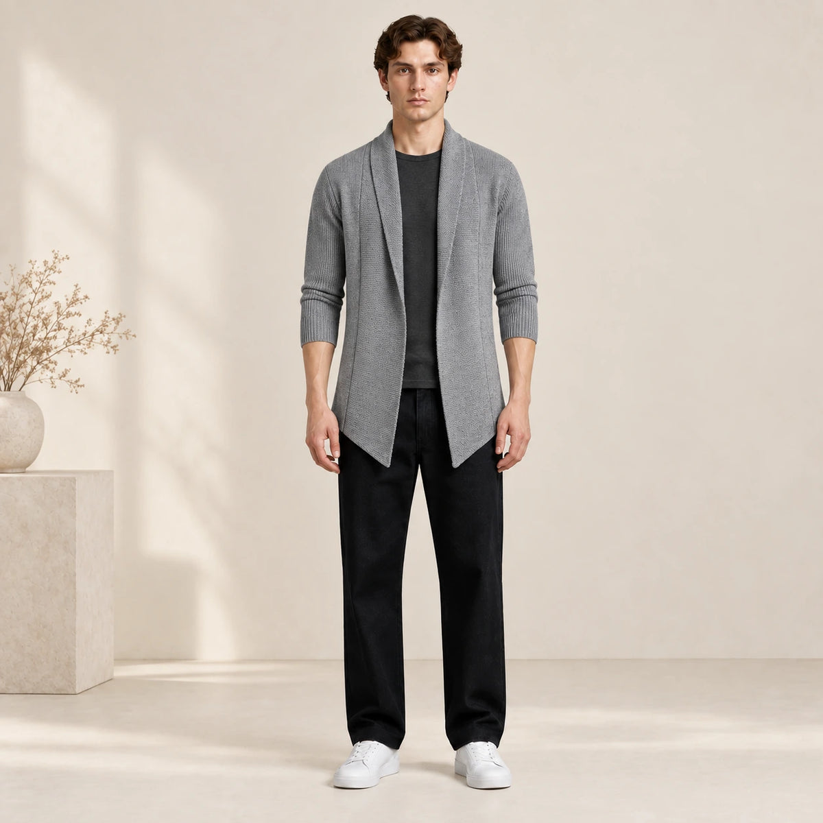 Cardigan long gris ouvert en maille côtelée, porté de face dans le studio IVAREE.