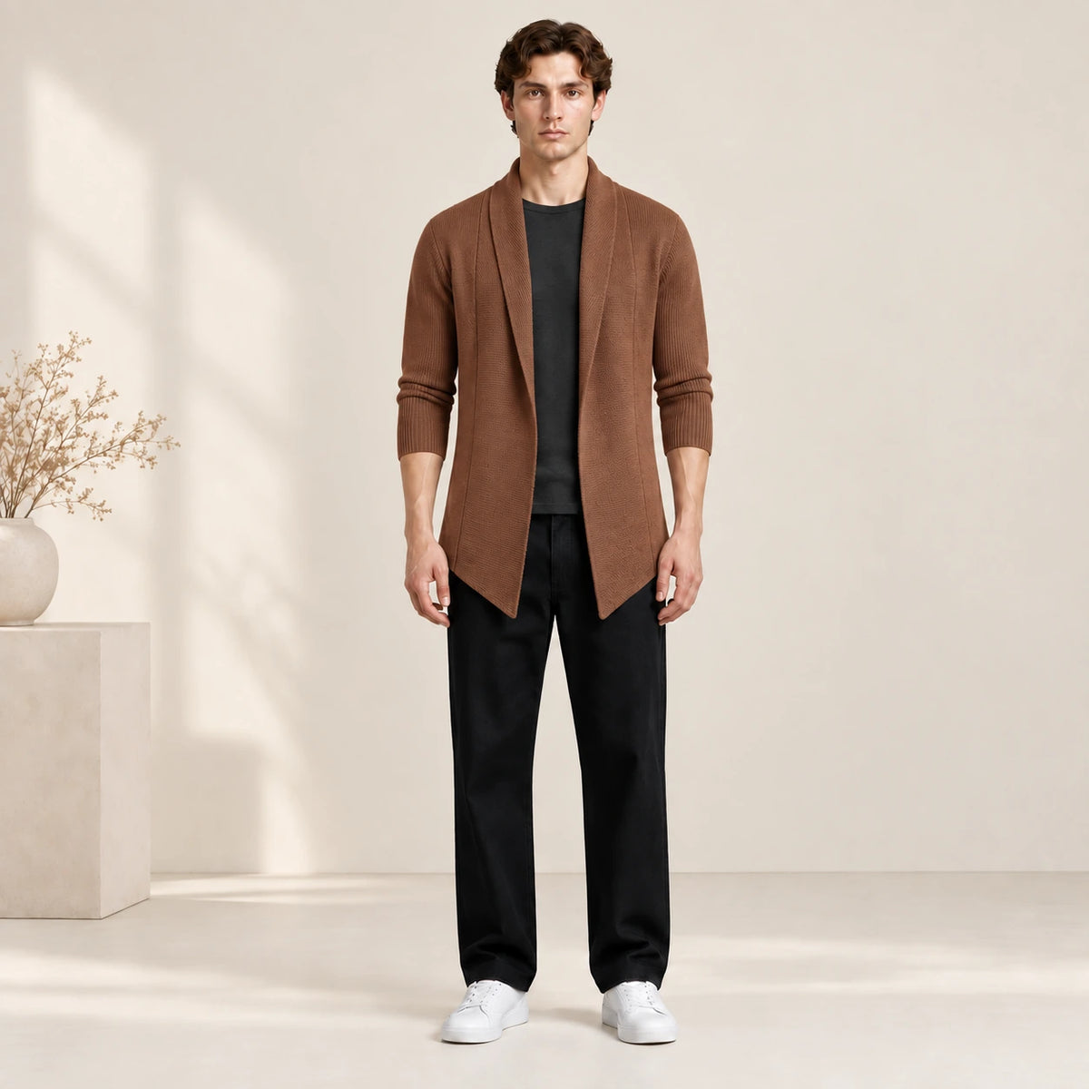 Cardigan long marron ouvert en maille côtelée, porté de face dans le studio IVAREE.