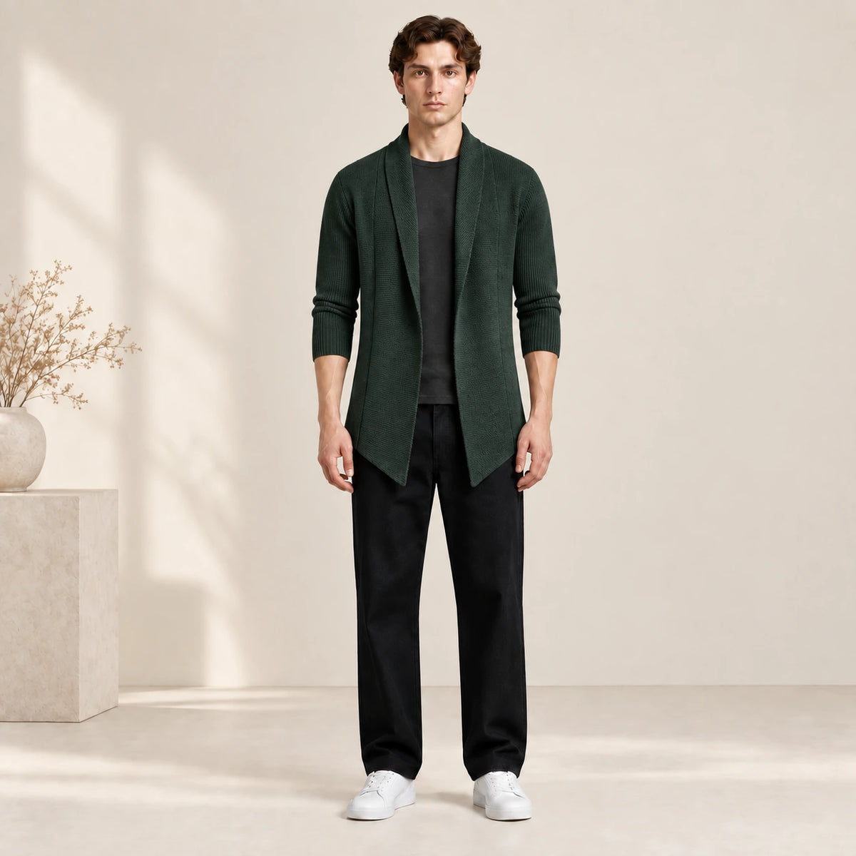 Cardigan long vert foncé ouvert en maille côtelée, porté de face dans le studio IVAREE.