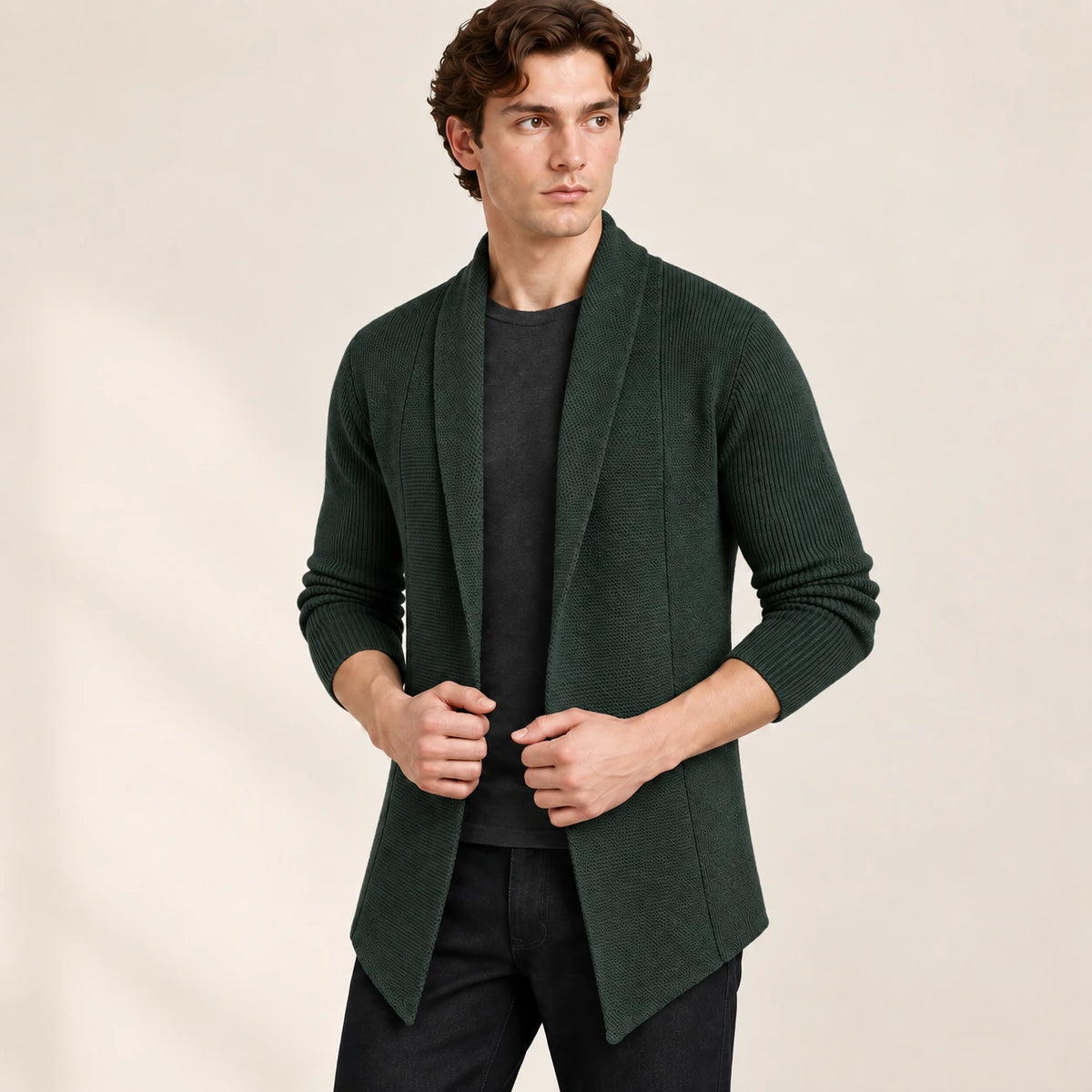 Cardigan long vert foncé ouvert en maille côtelée, vu de trois-quarts avant dans le studio IVAREE.