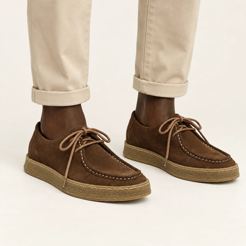 Chaussures moc-toe en daim à semelle crêpe marron, portées debout dans le studio IVAREE