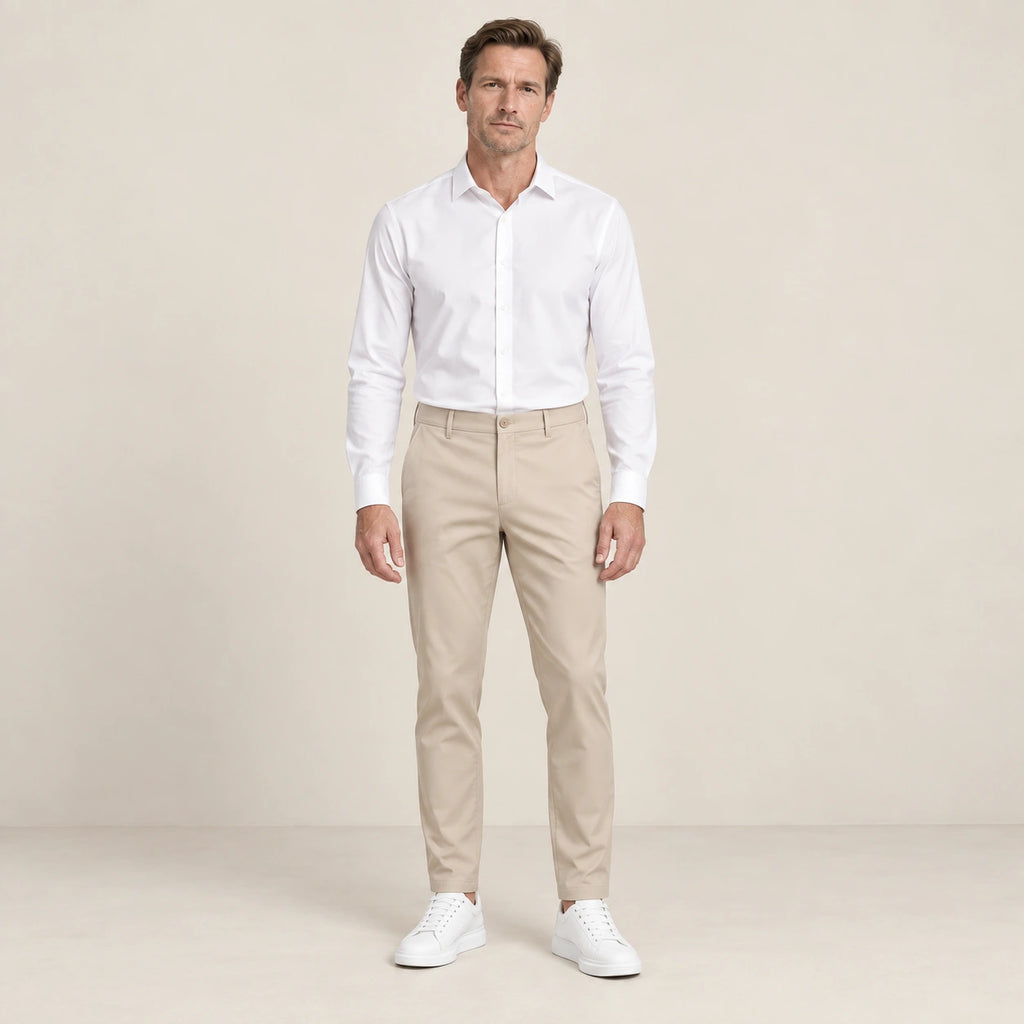 Chino beige, face dans le studio IVAREE