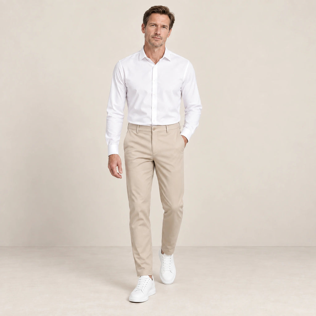 Chino beige, pose dans le studio IVAREE