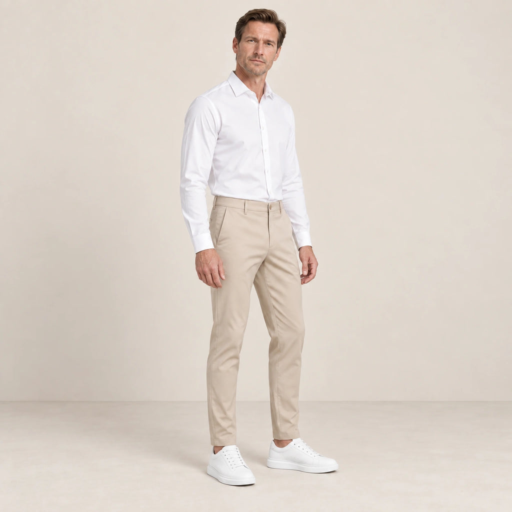 Chino beige, trois-quarts dans le studio IVAREE