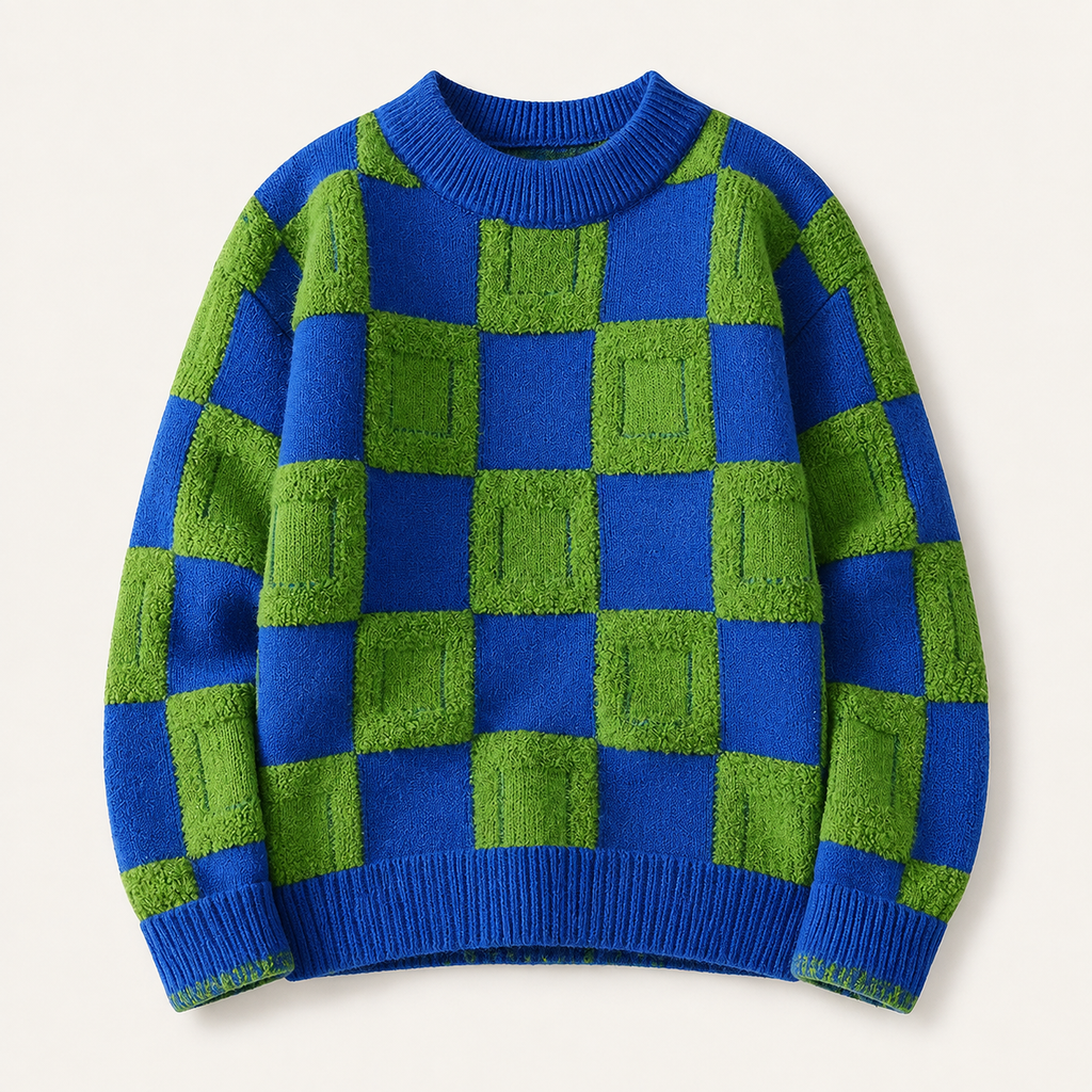 Pull homme damier en relief bleu électrique / vert – packshot face