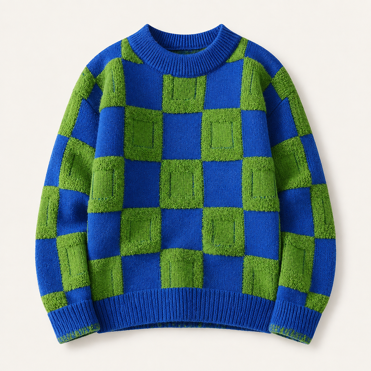 Pull homme damier en relief bleu électrique / vert – packshot face