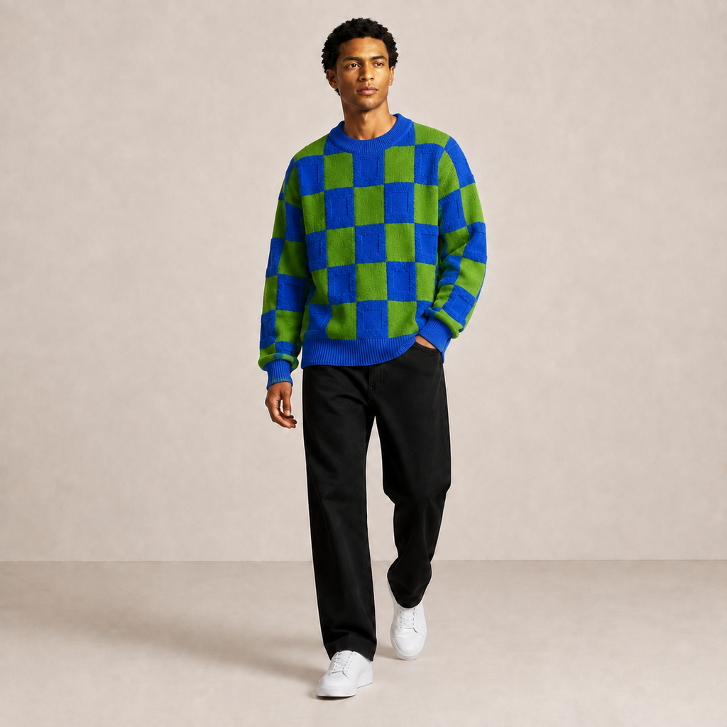 Pull homme damier en relief bleu électrique / vert – porté, vue marche