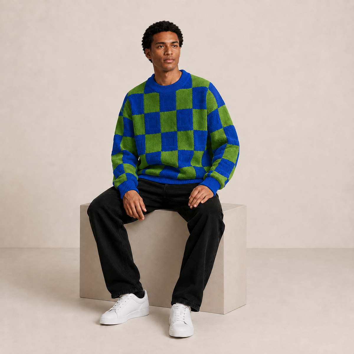 Pull homme damier en relief bleu électrique / vert – porté, vue assis