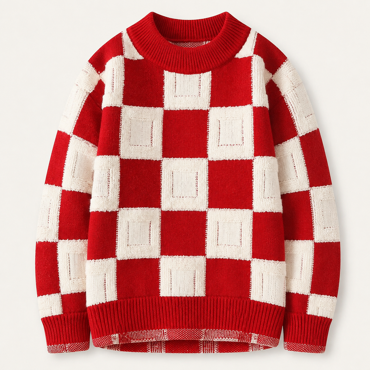 Pull homme damier en relief rouge / écru – packshot face