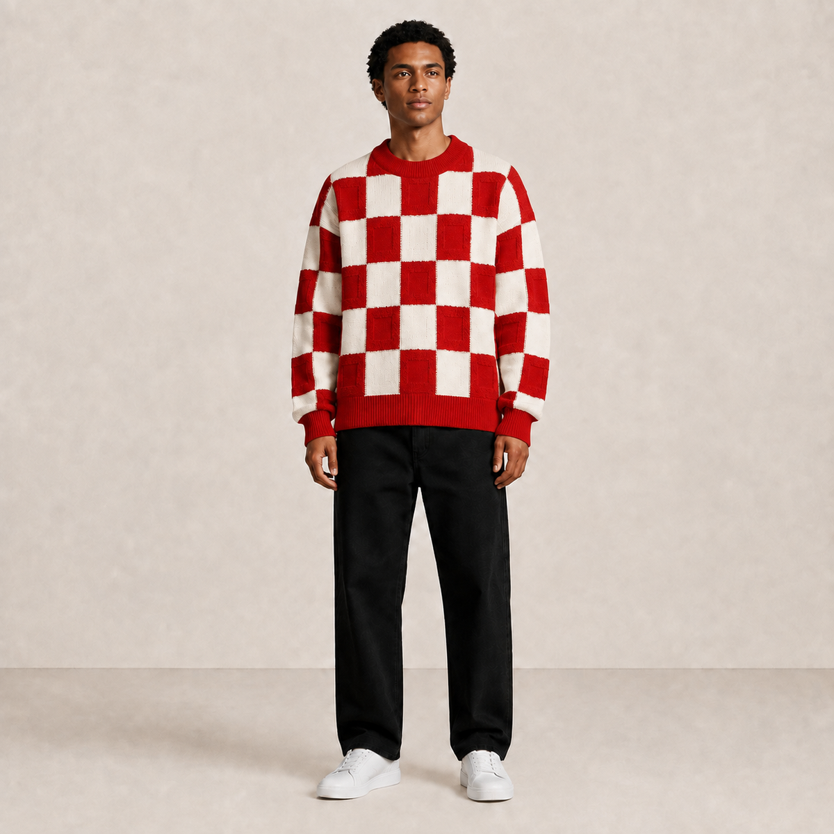 Pull homme damier en relief rouge / écru – porté, vue face