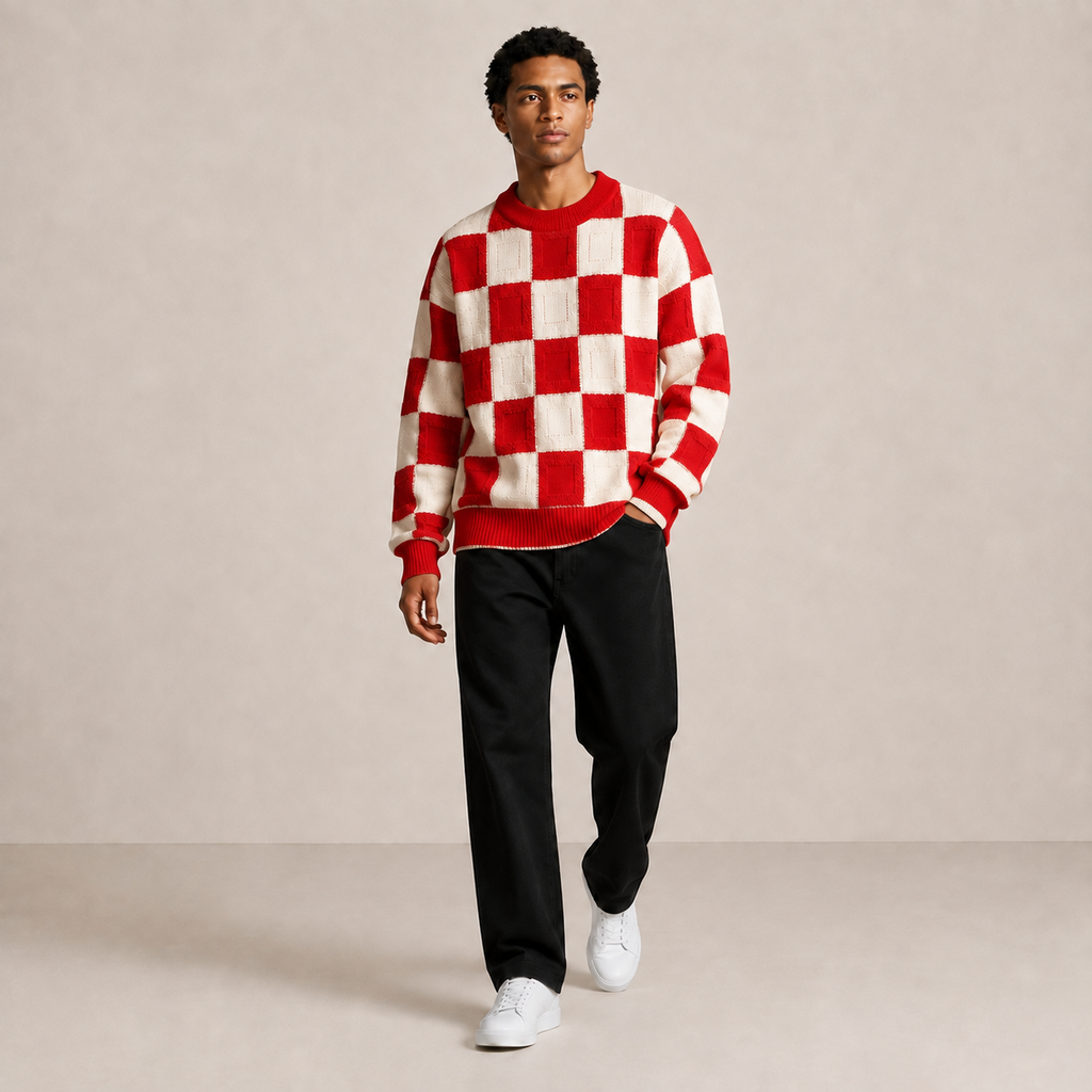 Pull homme damier en relief rouge / écru – porté, vue marche