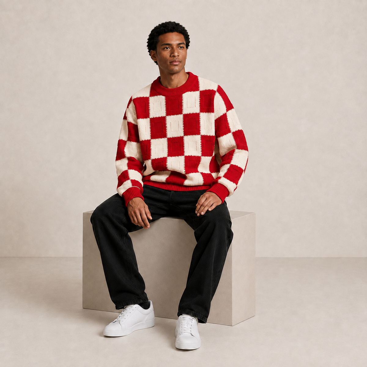 Pull homme damier en relief rouge / écru – porté, vue assis